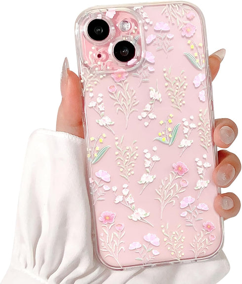 iPhone 15 Case Clear with Cute Color Flower Floral Leaf Design, Soft TPU Shockproof Protective Cover