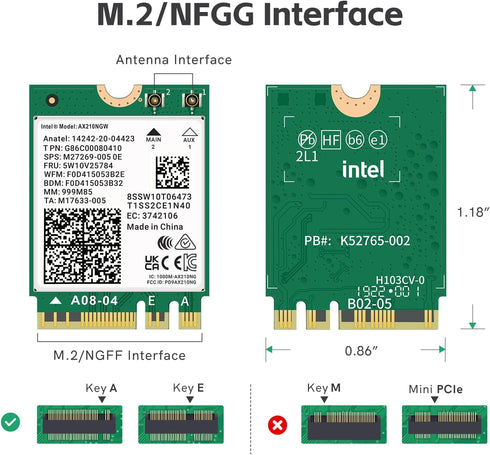 WiFi 6E AX210 NGW Wireless Card - M.2 2230/NGFF WiFi 6E Laptop Module with Bluetooth 5.3, 5400Mbps Tri-Band AX210 WiFi