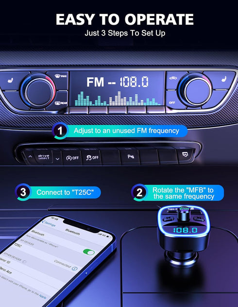 Bluetooth FM Transmitter for Car, 20W & QC 3.0 Quick Charging Adapter, Hands-Free Calling, Wireless FM Radio Receiver