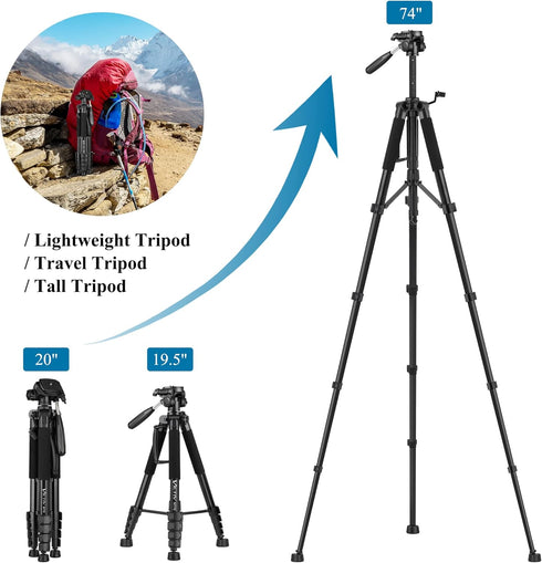 VICTIV 74” Camera Tripod, Heavy Duty Aluminum Stand for Camera and Phone, Compatible with DSLR, Carry Bag Included