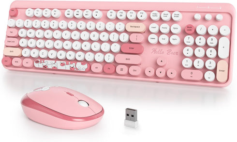 Typewriter Wireless Keyboard and Mouse Combo, 2.4G Office 104 Keys Full Size Retro Punk Keyboard with Round Keycaps