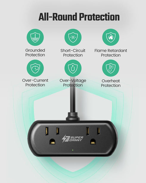 2Ft Extension Cord, SUPERDANNY Mini Surge Protector with 2 Wide-Spaced Outlets, USB Power Strip