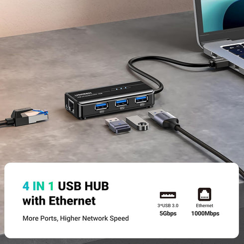 UGREEN USB 3.0 Hub Ethernet Adapter 10 100 1000 Gigabit Network Converter with 3 USB 3.0 Ports Hub Compatible with Laptop PC Nintendo Switch MacBook Mac Mini Surface XPS Windows Linux macOS, and More by UGREEN