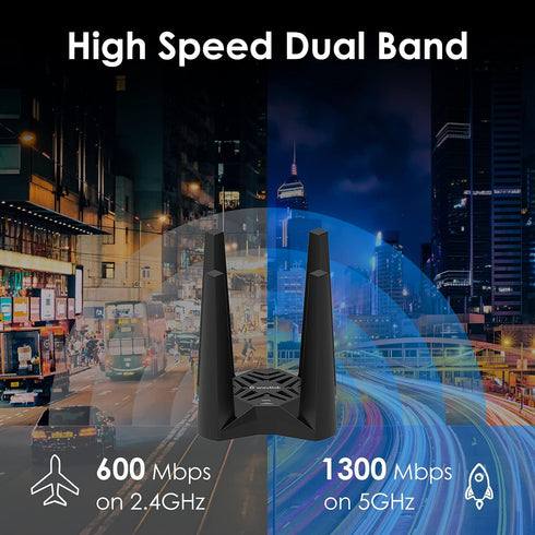 USB WiFi Adapter for Desktop PC, AC1900 Dual Band Wireless Network Adapter, 2.4GHz/5GHz High Gain Antennas, Supports