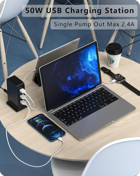 VPSUN USB Charger 6 Port 50W Multi USB Tower Charging Station for Multiple Devices, Black, for iPhone 15/14/14 Pro/14