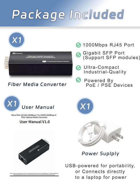 Mini A Pair of Gigabit Fiber Media Converter, Plug and Play Fiber to Ethernet Compact Ethernet Converter