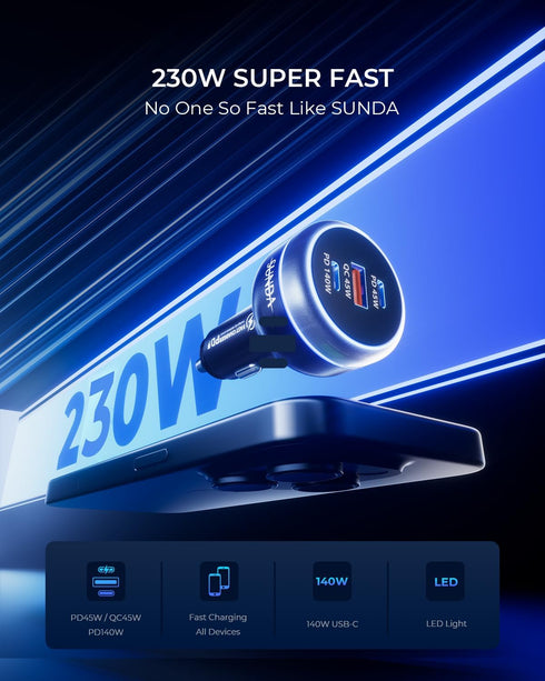 SUNDA 230W USB C Fast Car Charger, 3-Ports Multiple Car Charger Adapter, Fast Charging Compatible with iPhone and