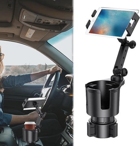 2 in 1 Large Cup Holder Phone Mount Extender, Cup Holder Phone Mount for Car with 360° Rotation, Compatible with