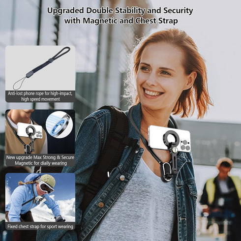 4 in 1 Magnetic Neck Phone Holder, POV/Vlog Neck Mount for Recording with Chest Strap/Phone Clip, Selfie Mount for
