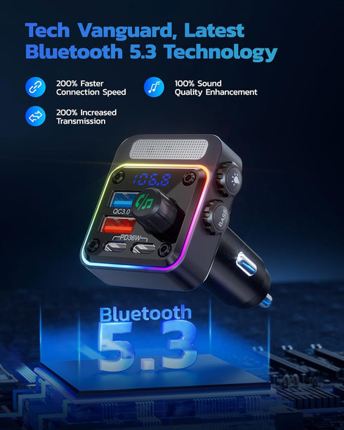 Nulaxy 54W Bluetooth 5.3 Car Adapter with 4 Charging Ports, Wireless Radio FM Transmitter with Deep Bass Player
