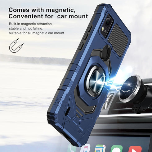 TJS Compatible for Cricket Icon 5 Case, AT&T Motivate 4 Case, with Tempered Glass Screen Protector, Metal Ring Magnetic Support Kickstand Heavy Duty Drop Protection Cover Phone Case (Blue)