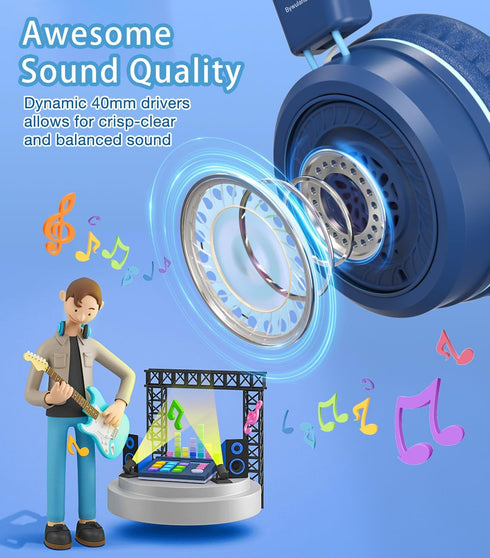 Kids Headphones with LED Lights for School, Upgrade USB Type C Kid Headphone with Microphone, Volume Limiter 85/94dB, Wired On Ear Headphones for Boys/Girls/Tablet/Travel -Blue