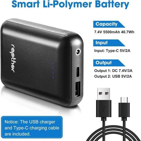 rapthor 5V 10000mAh 2A / 7.4V 5500mAh 3A Battery Pack for Heated Vest/Jackets/Hoodies, Portable Dual Outputs