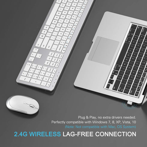 Wireless Keyboard and Mouse Combo, Full Size Slim Thin Wireless Keyboard with Numeric Keypad (White & Silver)
