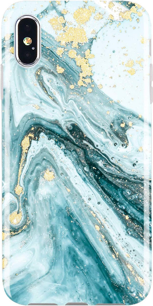 JIAXIUFEN Compatible iPhone X iPhone Xs Case, Gold Sparkle Glitter Blue Marble Slim Shockproof Cover
