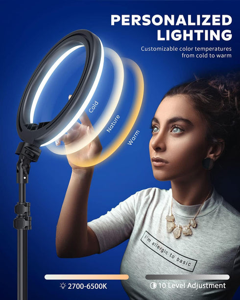 Kaiess 10.2" 65" Dimmable Selfie Ring Light with Adjustable Tripod Stand & Phone Holder for Live Stream/Makeup