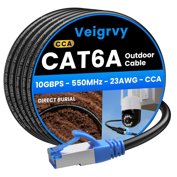Veigrvy Cat6A Outdoor Ethernet Cable 100 ft Supports POE, 23AWG 550MHz High-Speed CAT6A