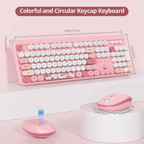 Typewriter Wireless Keyboard and Mouse Combo, 2.4G Office 104 Keys Full Size Retro Punk Keyboard with Round Keycaps