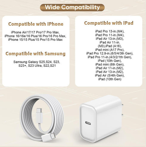 UCCRIE iPhone17/16 3Pack 20W 6FT 17E/Air/17 Max/17 Pro/16E/16 Pro/15Plus/15,iPad Fast Charger Charging, USB-C Charger