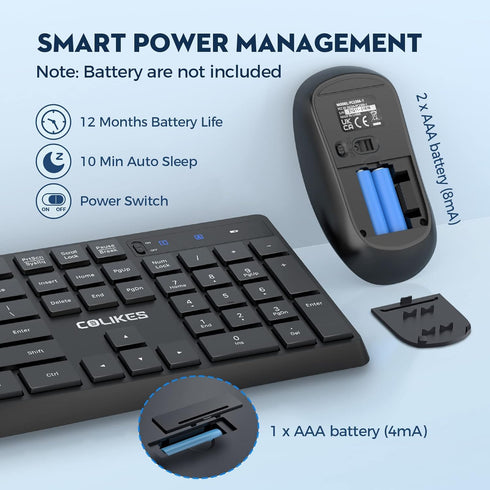 Wireless Keyboard and Mouse Combo, COLIKES 2.4G USB Cordless Mouse and Keyboard, 3 Level DPI Slim Ergonomic Mouse for