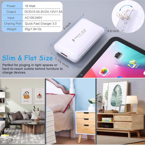 Costyle Slim Flat USB Wall Charger 2 Pack, 18W GaN Tech Fast Charge 3.0, Foldable Plug, White, Compatible for Samsung