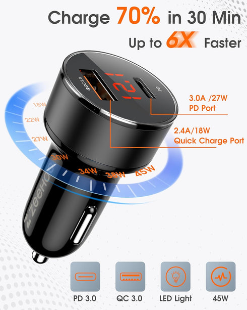 ZeeHoo USB C Car Charger Adapter, QC 3.0 & PD Dual Port 45W Fast Charging for iPhone 14/13/12/11 Pro Max, Samsung Galaxy