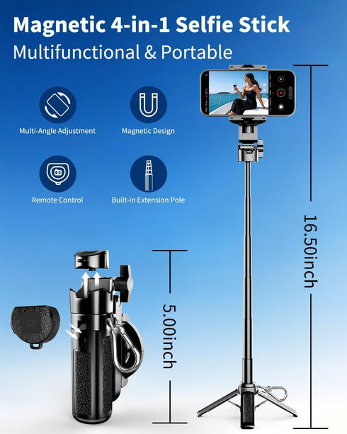Kehuitry 16.5" 4-in-1 360 Magnetic Mini Selfie Stick Tripod for iPhone & Android, Pocket Size Phone Tripod Stand
