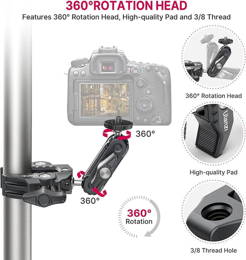 ULANZI Super Clamp Camera Mount with 360° Ballhead Magic Arm, 1/4"-20 & 3/8"-16 Thread for Canon Nikon DSLR/Gopro