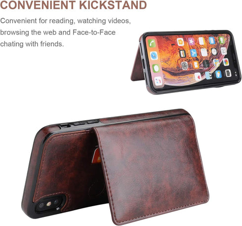 KIHUWEY Wallet Case for iPhone Xs Max - Leather Kickstand with Credit Card Holder, Shockproof Protective Cover (Brown)
