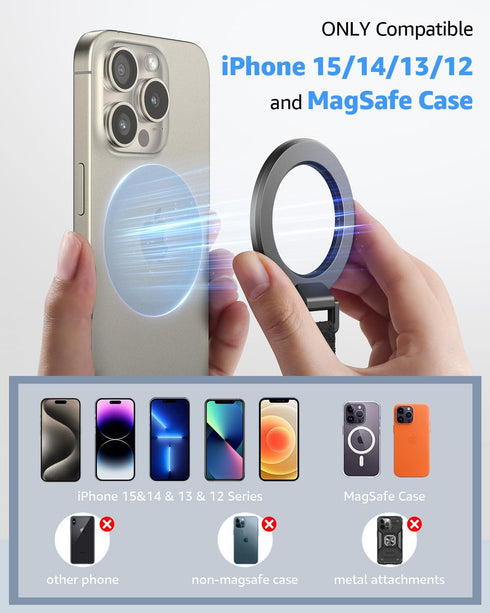 SUPERONE 2024 Upgrade MagSafe Phone Grip with Finger Strap, Removable Ring Holder with Kickstand for iPhone 15/14/13/12