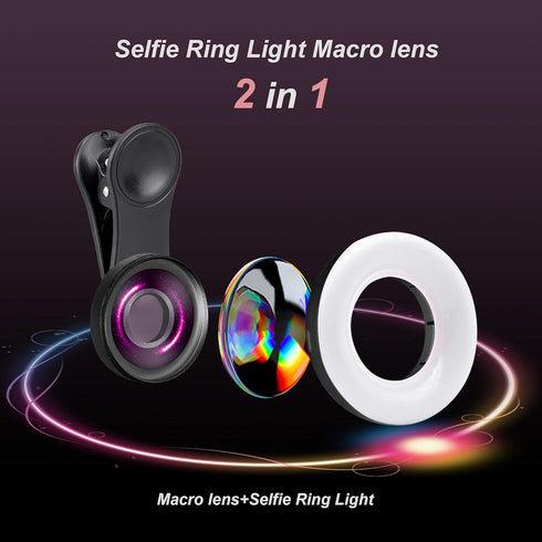 Macro Lens for iPhone and Android with Mini Clip Ring Light - Portable Rechargeable Dimming for Smartphone Photography