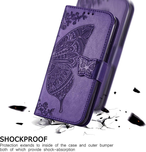 PU Leather Wallet Flip Phone Case with Wrist Strap, Card Slots Holder, Emboss Butterfly Flower Stand Case for Samsung
