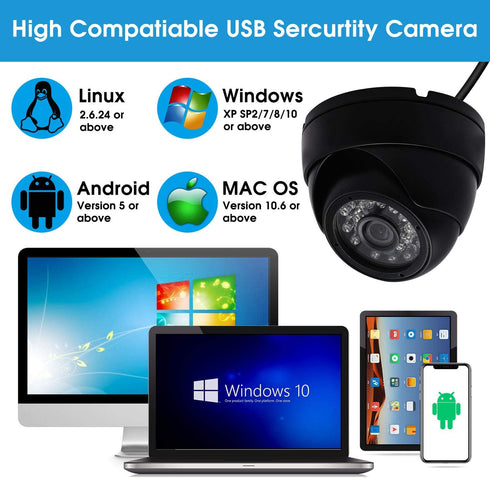 SVPRO Waterproof USB Security Camera, 80ft Infrared Night Vision, HD 720P Outdoor Indoor Video Camera, CCTV Dome for