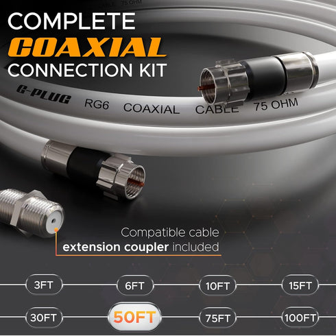 G-PLUG 50FT RG6 Coaxial Cable Connectors Set, High-Speed Internet and Digital TV Aerial Extension