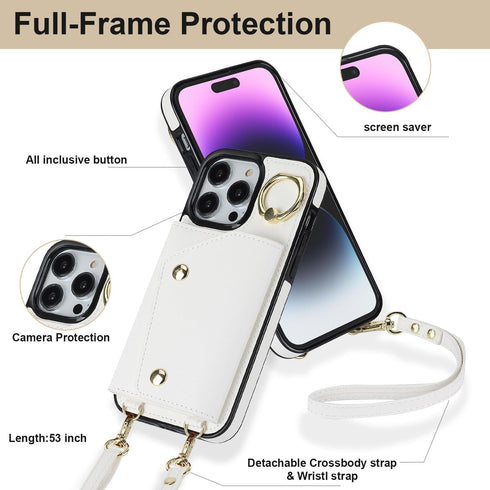 LUVI Compatible with iPhone 15 Pro Wallet Case with Card Holder Crossbody Neck Strap Lanyard Wrist Strap Purse for Women PU Leather Flip Case with Credit Card Kickstand Stand Case White