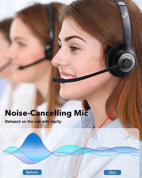 Headset C+3.5mm, JIAMQISHI USB with Microphone for PC, On-Ear Computer Laptop Headphones with Noise Cancelling Mic