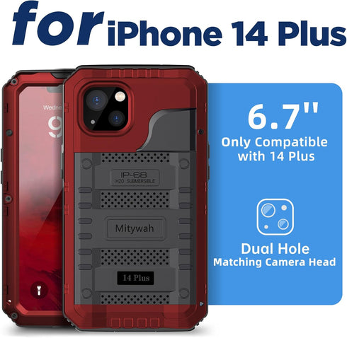 Mitywah Waterproof Case for iPhone 14 Plus - Heavy Duty Shockproof with Built-in Screen Protector, Red
