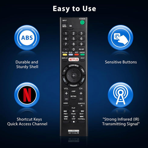 Universal Replacement Remote Control for Sony TV, Compatible with Sony Bravia Smart LCD LED HD TVs RMT-TX100U
