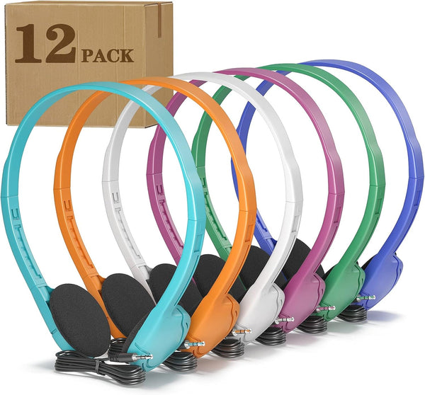 School Headphones 12 Pack, Multi Colors, Bulk Wired Disposable Kids Headphones for Classroom