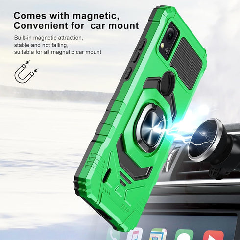 TJS Compatible for Cricket Icon 5 Case, AT&T Motivate 4 Case, with Tempered Glass Screen Protector, Metal Ring Magnetic Support Kickstand Heavy Duty Drop Protection Cover Phone Case (Green)