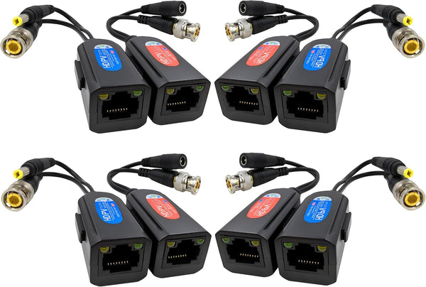 Igreeman 4 Pair Passive Video Balun BNC to RJ45 Adapter with Power, HD Analog Security Camera Transceiver, Compact