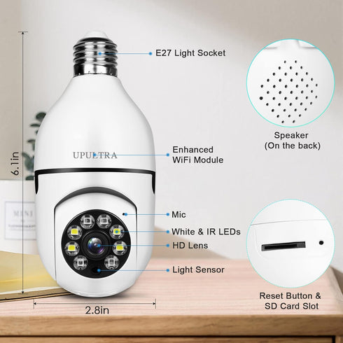 Light Bulb Security Camera, 1080P Wireless Wifi Smart Home Surveillance, E27 Socket, 360 Degree PTZ