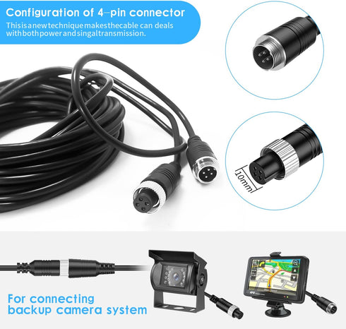 EKYLIN 16FT 5M Waterproof 4-Pin Car Video Extension Cable for CCTV Rearview Camera Truck Trailer
