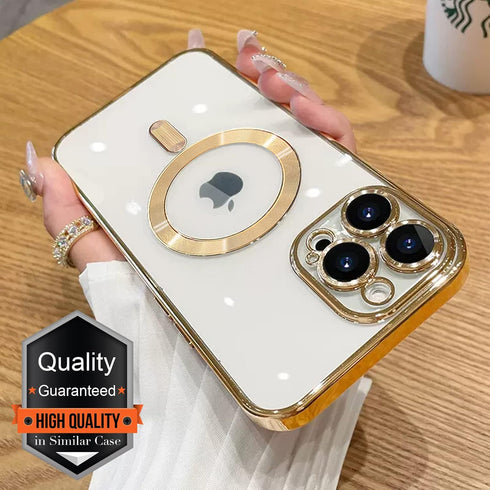 for iPhone 15 Pro Case Magsafe, Magnetic Clear Phone Case with Screen Protector and Camera Cover, Transparent Electroplated Case for Women/Girl/Men (Gold)