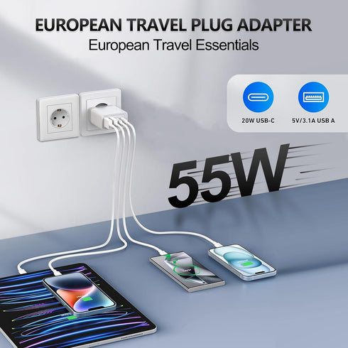 USB C European Charger 55W, 4-Port Fast Charger Type C Wall Adapter, Travel Plug Adapter for iPhone 15 14 13 12 11 Pro