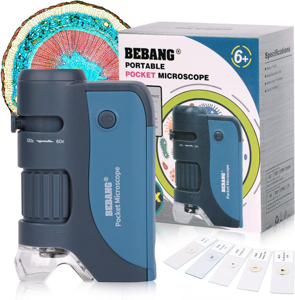Pocket Microscope, 60x-120x Handheld Mini Microscope for Kids, 5 Slides Specimens, BEBANG Portable Educational Kit