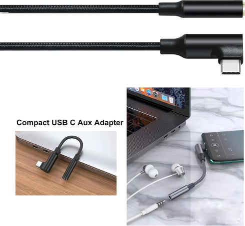 Angled USB Type C to 3.5mm Audio Adapter - USB-C to Aux Dongle for Android, Tablet, Laptop, Speaker, Car Stereo, Black.