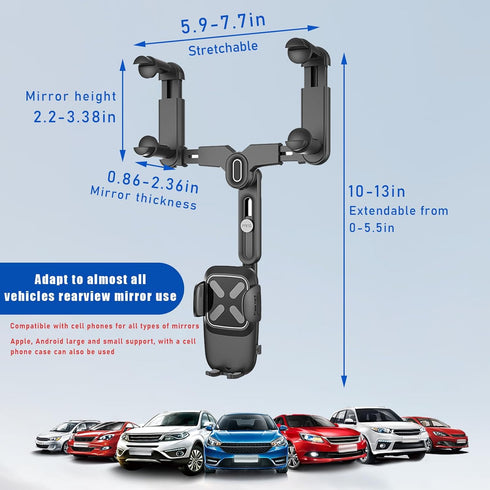 Rear View Mirror Phone Holder, 360 Degree Rotatable and Retractable Auto Phone Mount, Multifunctional Universal Rearview Mirror Phone Holder Compatible with All Smartphones