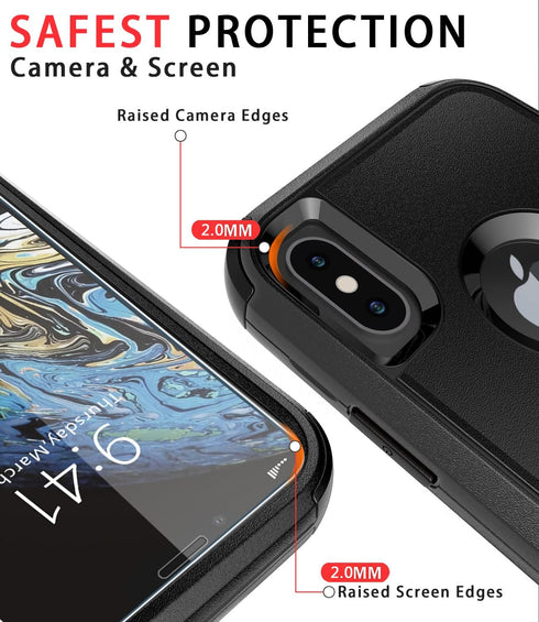 Diverbox Heavy Duty Protection Case for iPhone X/Xs, Shockproof with Tempered Glass Screen Protector, Black
