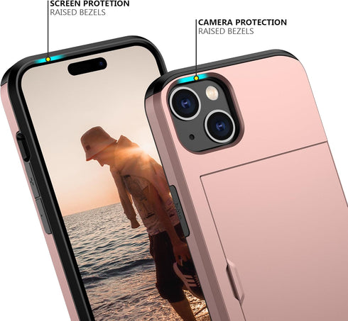 Nvollnoe iPhone 15 Case (6.1") - Heavy Duty, Slim Wallet with Hidden Card Slot, Shockproof, Rose Gold for Men & Women.